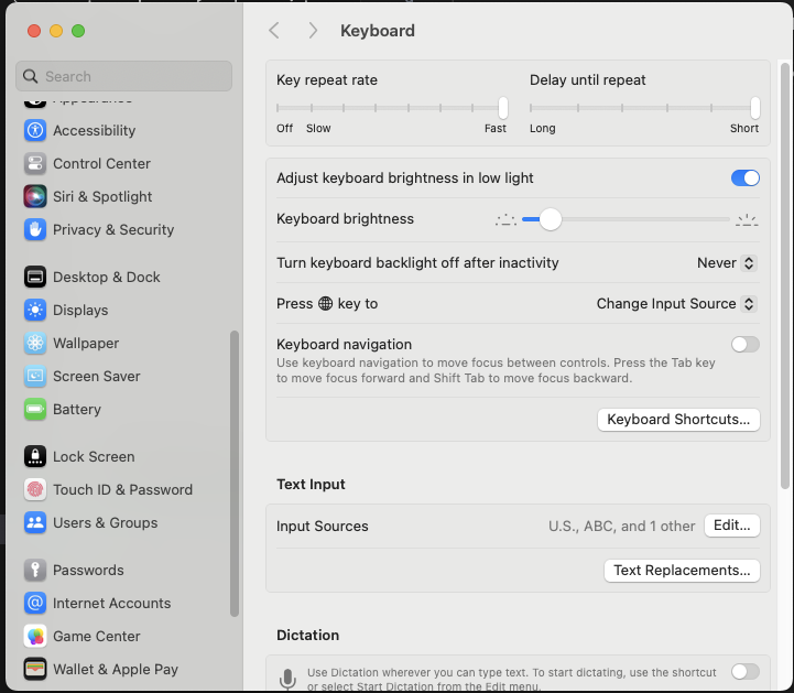 Keyboard settings MacOs