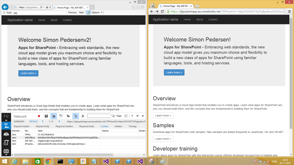 Here's my two versions of the simple test App, in IE I have been served the new "V2" of the app, while in chrome (right) I still get the old version.